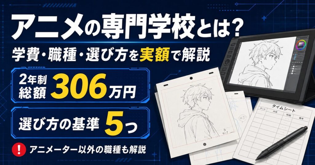 アニメの専門学校の学費と選び方を実額で解説。入学金を含む総額は2年制で約306万円、職種と就職の実際も整理