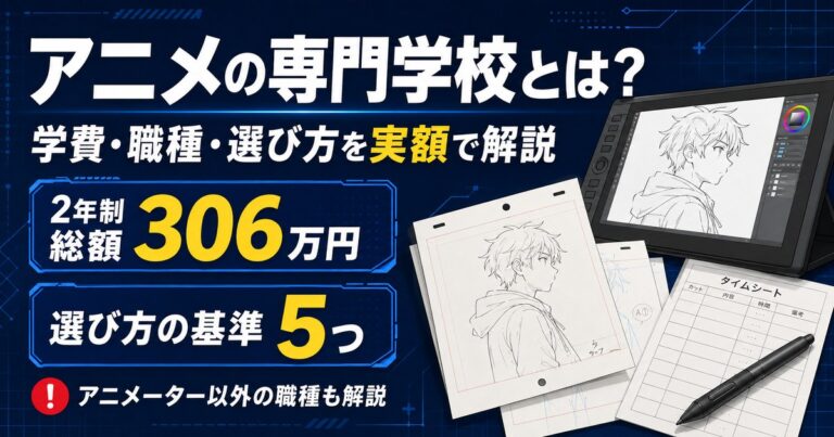 アニメの専門学校の学費と選び方を実額で解説。入学金を含む総額は2年制で約306万円、職種と就職の実際も整理