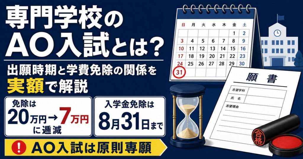 専門学校のAO入試の仕組みと学費免除の関係を実額で解説。出願時期で免除額が20万円から7万円まで下がる