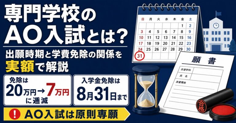 専門学校のAO入試の仕組みと学費免除の関係を実額で解説。出願時期で免除額が20万円から7万円まで下がる