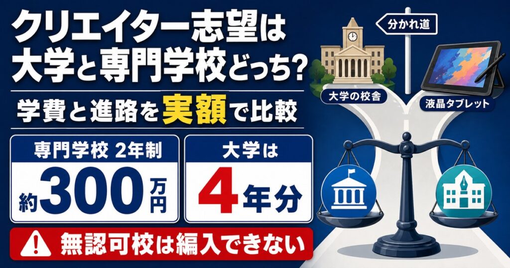 クリエイター志望の進路を大学と専門学校で比較。専門学校2年制は約300万円、無認可校では編入できない点も解説