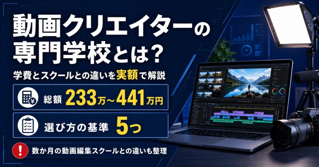 動画クリエイターの専門学校の学費と選び方を実額で解説。総額は通い方で233万円から441万円、動画編集スクールとの違いも整理