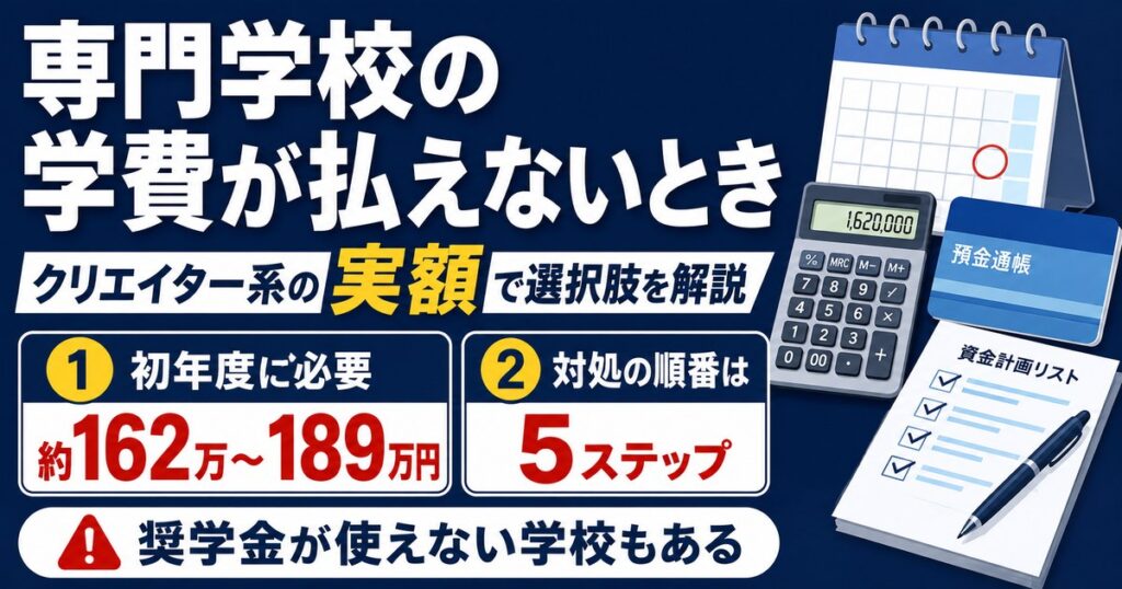 専門学校の学費が払えないときの対処法をクリエイター系の実額で解説。初年度に必要なのは約162万〜189万円