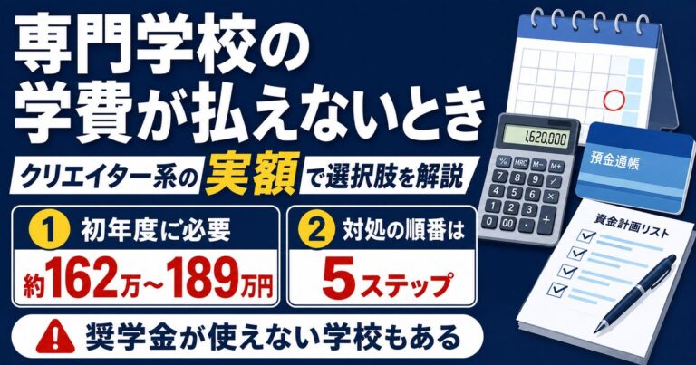 専門学校の学費が払えないときの対処法をクリエイター系の実額で解説。初年度に必要なのは約162万〜189万円