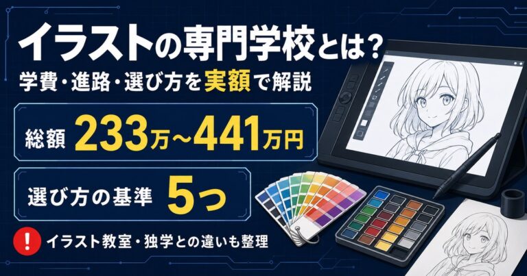 イラストの専門学校の学費と選び方を実額で解説。総額は通い方で233万円から441万円、イラスト教室や独学との違いも整理