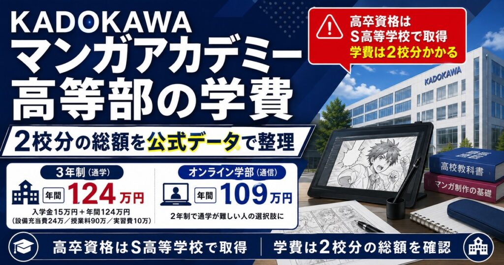 KADOKAWAマンガアカデミー高等部の学費を公式データで整理。3年制は年間124万円、高卒資格はS高等学校で取得するため学費は2校分