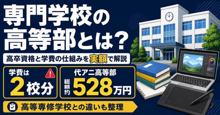 専門学校の高等部の仕組みと学費を実額で解説。高卒資格は提携する通信制高校で取得し、学費は2校分かかる