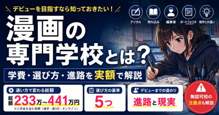 漫画の専門学校の学費と選び方を実額で解説。入学金を含む総額は通い方で233万円から441万円、選び方の基準は5つ