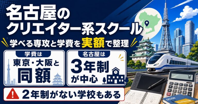 名古屋のクリエイター系スクールの学費と開講専攻を実額で整理。学費は東京・大阪と同額だが3年制が中心