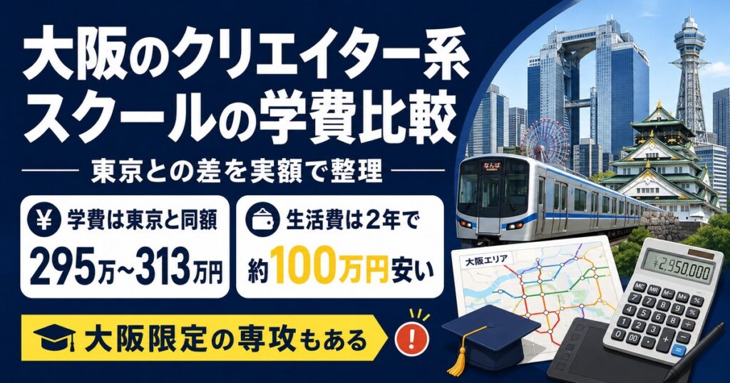 大阪のクリエイター系スクールの学費を実額で比較。学費は東京と同額だが生活費は2年で約100万円安い