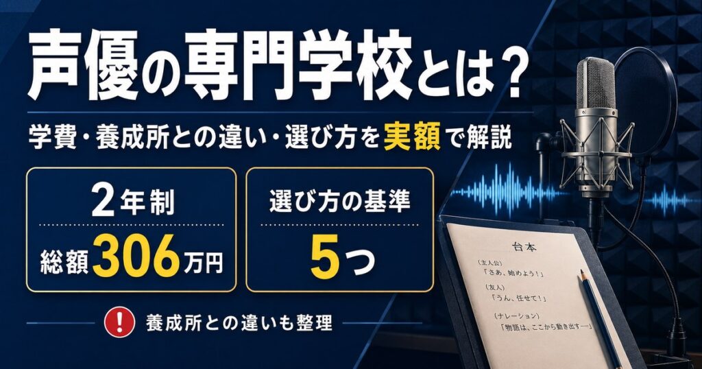 声優の専門学校の学費と選び方を実額で解説。入学金を含む総額は2年制で約306万円、養成所との違いも整理