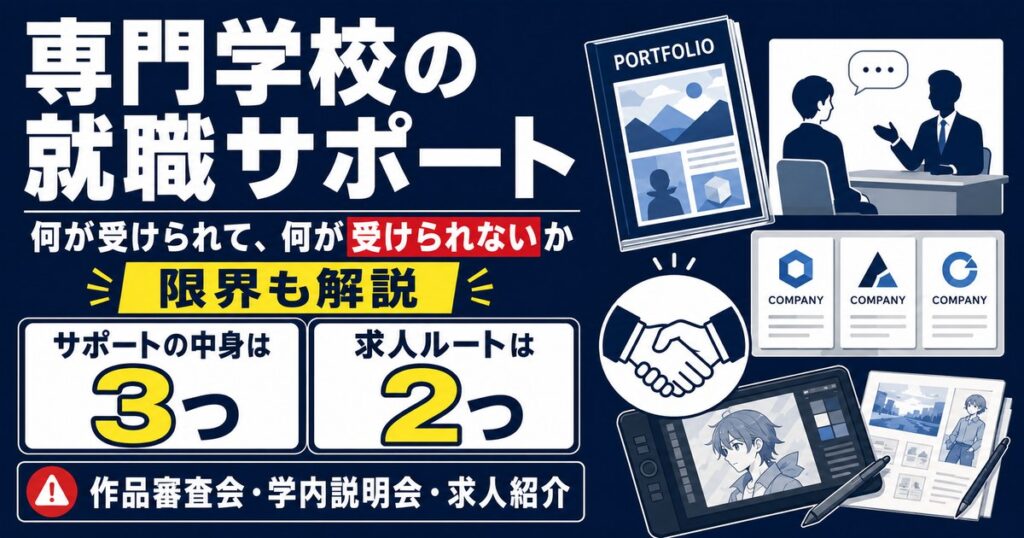 クリエイター系専門学校の就職サポートの中身と限界を解説。作品審査会・学内説明会・求人紹介の3つが柱