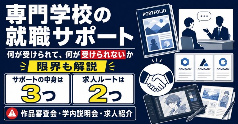 クリエイター系専門学校の就職サポートの中身と限界を解説。作品審査会・学内説明会・求人紹介の3つが柱