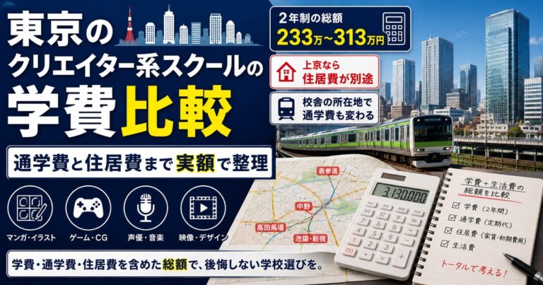 東京のクリエイター系スクールの学費を実額で比較。2年制の総額は233万円から313万円、通学費と住居費も整理