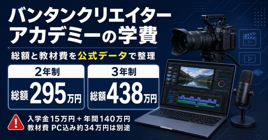 バンタンクリエイターアカデミーの学費を公式データで整理。入学金15万円と年間140万円で2年制の総額は295万円、3年制は438万円