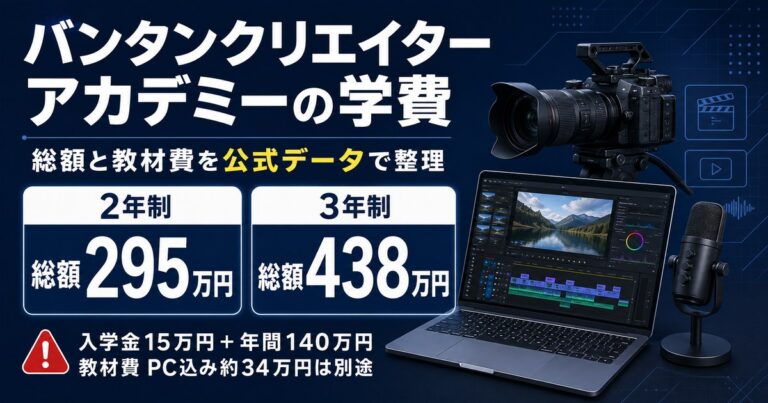 バンタンクリエイターアカデミーの学費を公式データで整理。入学金15万円と年間140万円で2年制の総額は295万円、3年制は438万円