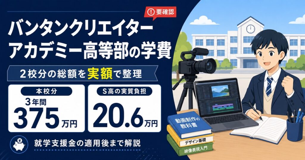 バンタンクリエイターアカデミー高等部の学費を実額で整理。本校分375万円とS高等学校の実質負担を合算