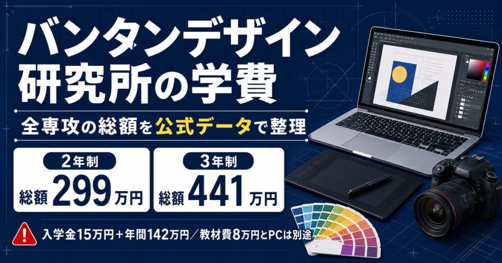 バンタンデザイン研究所の学費を公式データで整理。入学金15万円と年間142万円で2年制の総額は299万円、3年制は441万円