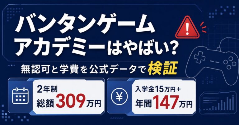 バンタンゲームアカデミーがやばいと言われる理由を、入学金15万円＋年間147万円で2年制総額309万円という公式の学費と無認可校の意味から検証