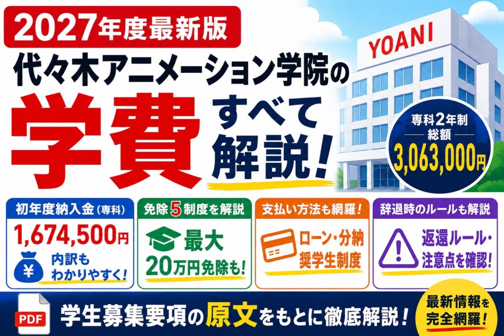 代々木アニメーション学院の学費を2027年度学生募集要項の原文から解説。初年度納入金1,674,500円、専科2年制総額3,063,000円