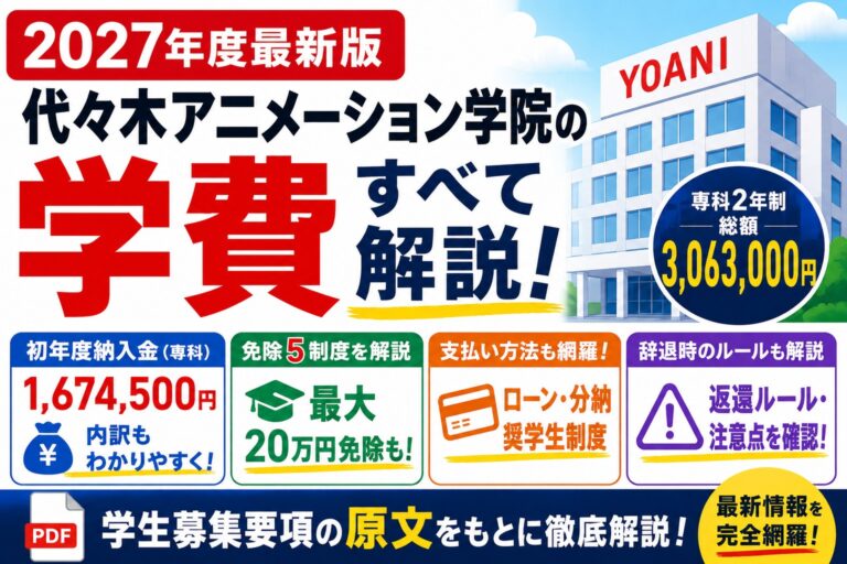 代々木アニメーション学院の学費を2027年度学生募集要項の原文から解説。初年度納入金1,674,500円、専科2年制総額3,063,000円