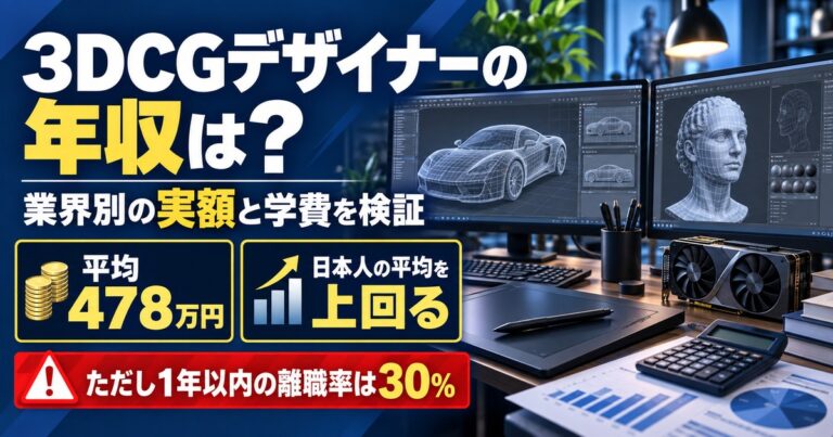 3DCGデザイナーの年収を業界別に整理。平均478万円で日本人の平均を上回るが1年以内の離職率は30パーセント