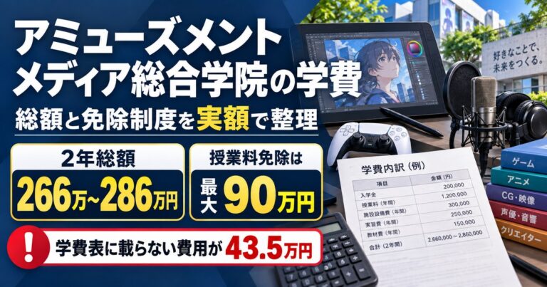 アミューズメントメディア総合学院の学費を実額で整理。2年総額266万〜286万円、授業料免除は最大90万円