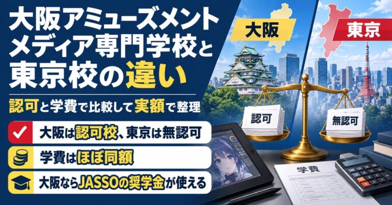 大阪アミューズメントメディア専門学校と東京校の違いを整理。大阪は認可校で専門士が付き奨学金も使える
