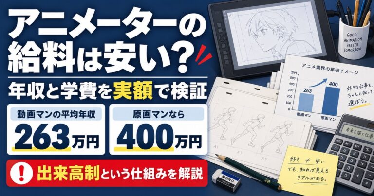 アニメーターの給料が安いと言われる理由を検証。動画マンの平均年収263万円、原画マンは400万円