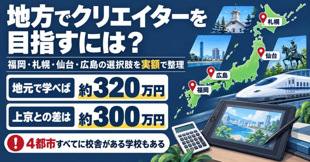 福岡・札幌・仙台・広島でクリエイターを目指す選択肢を整理。地元で学べば約320万円、上京との差は約300万円