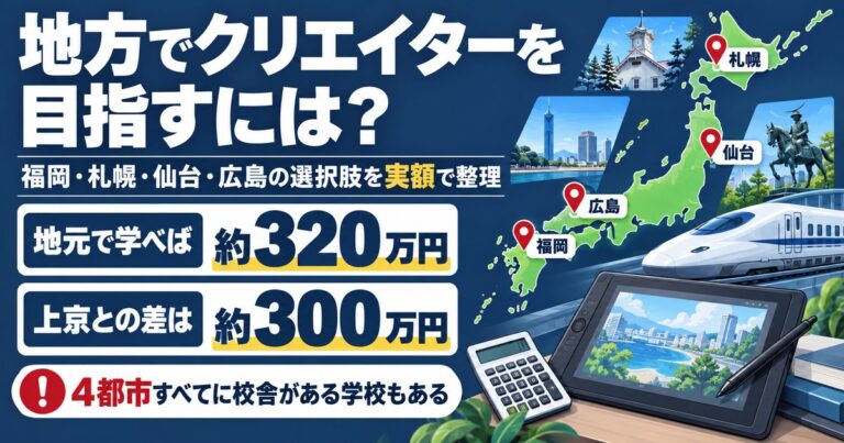 福岡・札幌・仙台・広島でクリエイターを目指す選択肢を整理。地元で学べば約320万円、上京との差は約300万円