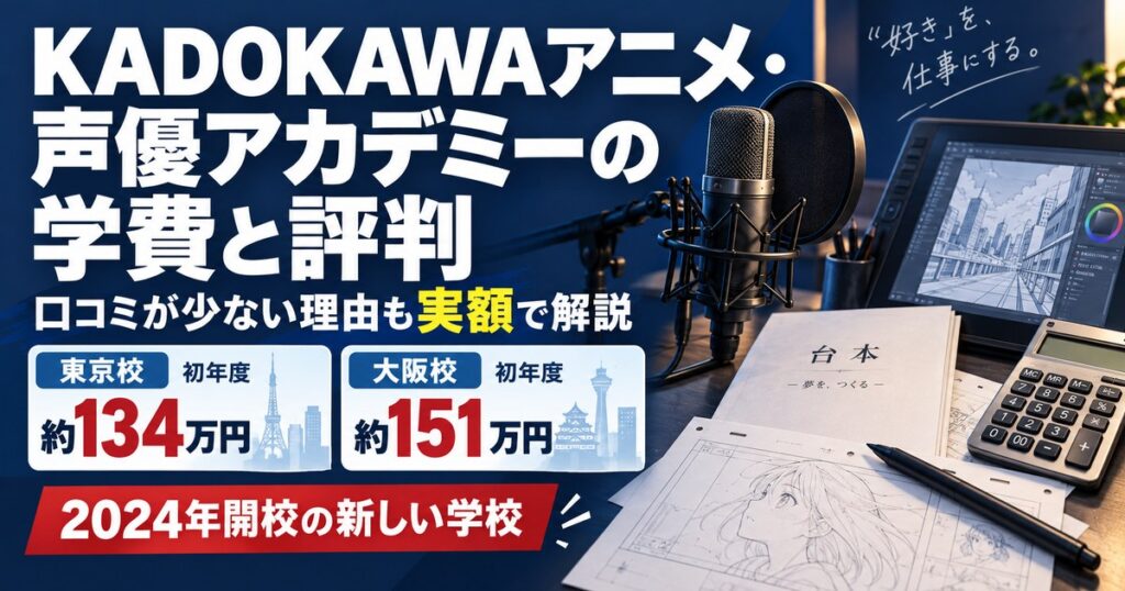 KADOKAWAアニメ・声優アカデミーの学費を実額で整理。東京校は初年度約134万円、大阪校は約151万円