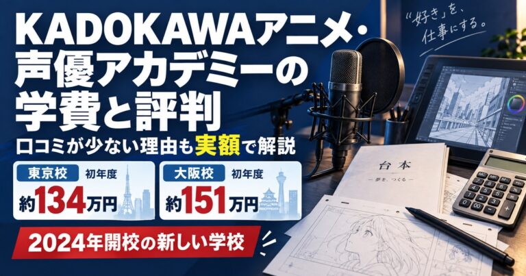 KADOKAWAアニメ・声優アカデミーの学費を実額で整理。東京校は初年度約134万円、大阪校は約151万円