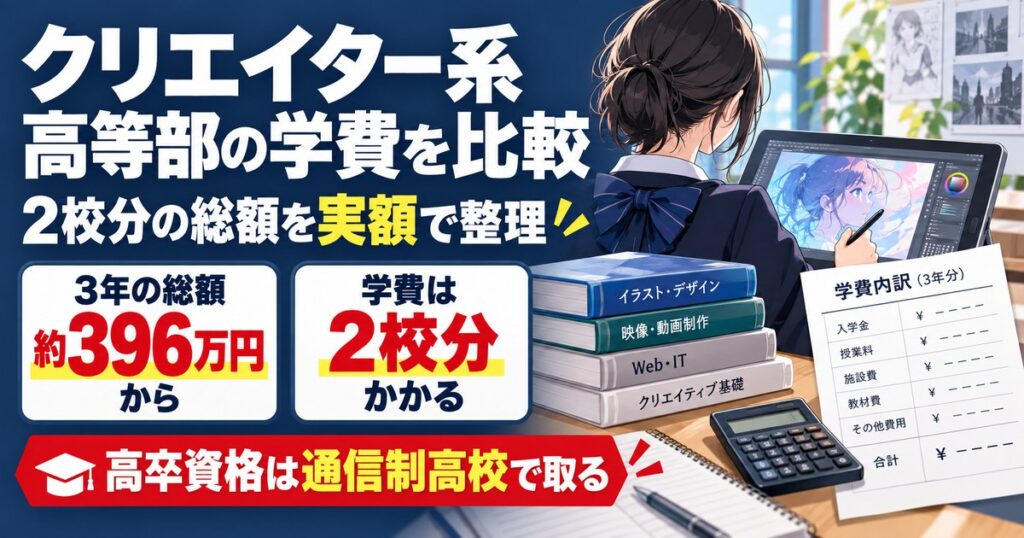 クリエイター系高等部の学費を実額で比較。学費は2校分かかり3年の総額は約396万円から