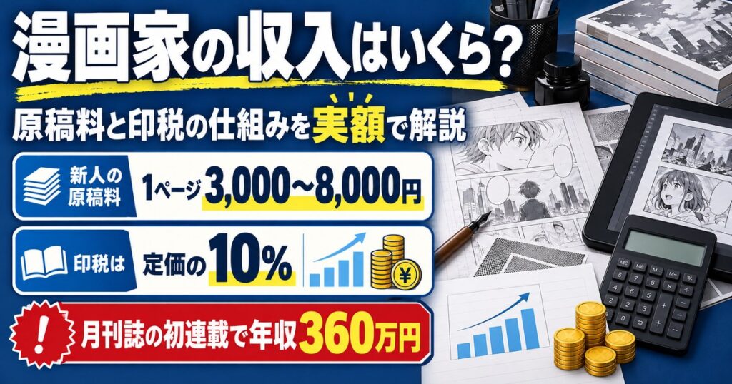 漫画家の収入を実額で解説。新人の原稿料は1ページ3,000〜8,000円、印税は定価の10パーセント