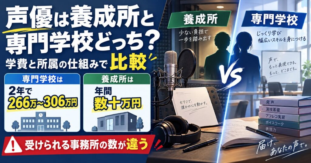声優は養成所と専門学校どちらかを比較。専門学校は2年で266万〜306万円、養成所は年間数十万円