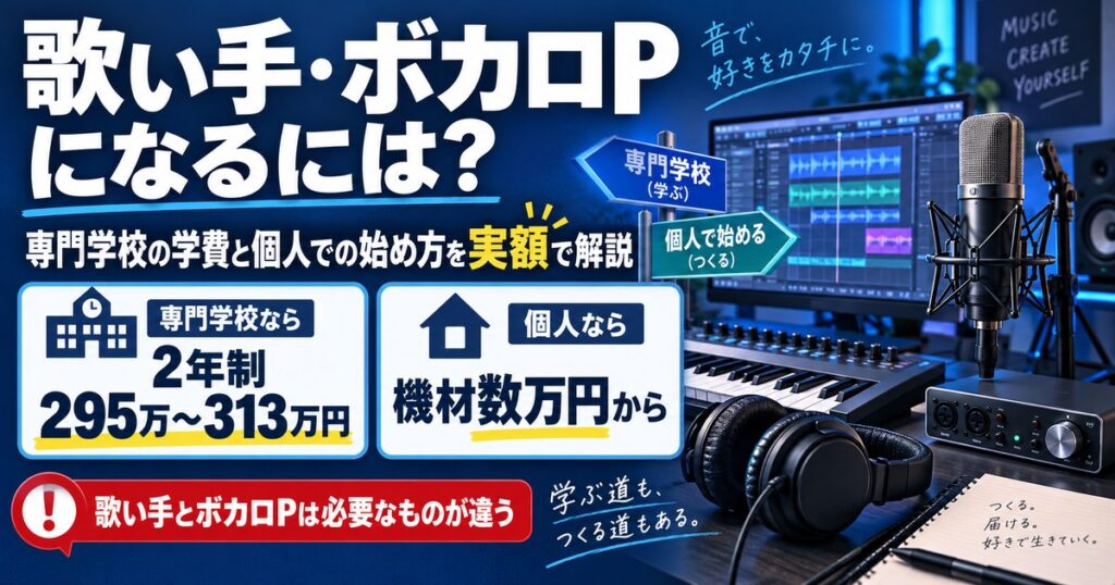 歌い手・ボカロPになる方法を実額で解説。専門学校は2年制で295万〜313万円、個人なら機材数万円から
