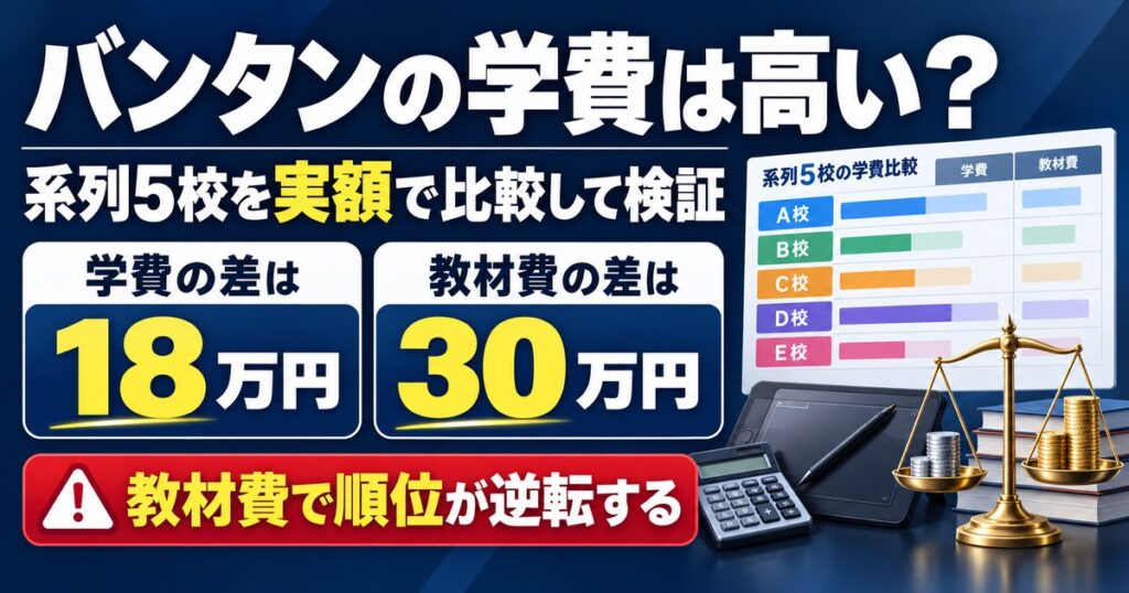 バンタン系5校の学費を実額で比較。学費の差は18万円だが教材費の差は30万円で順位が逆転する