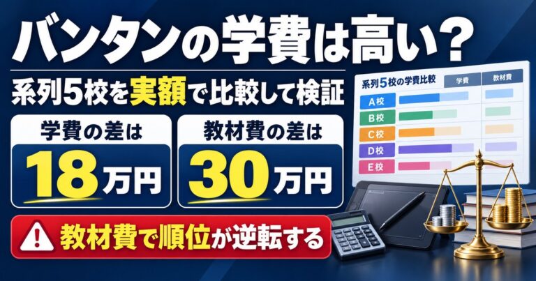 バンタン系5校の学費を実額で比較。学費の差は18万円だが教材費の差は30万円で順位が逆転する