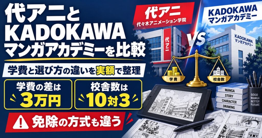 代アニとKADOKAWAマンガアカデミーを実額で比較。学費の差は3万円、校舎数は10対3