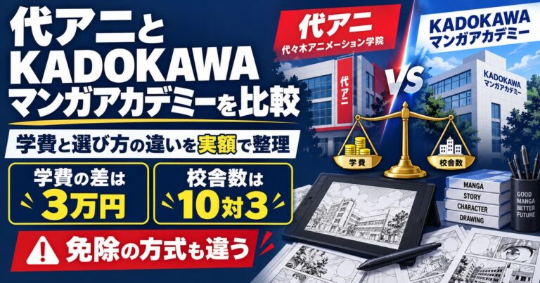 代アニとKADOKAWAマンガアカデミーを実額で比較。学費の差は3万円、校舎数は10対3